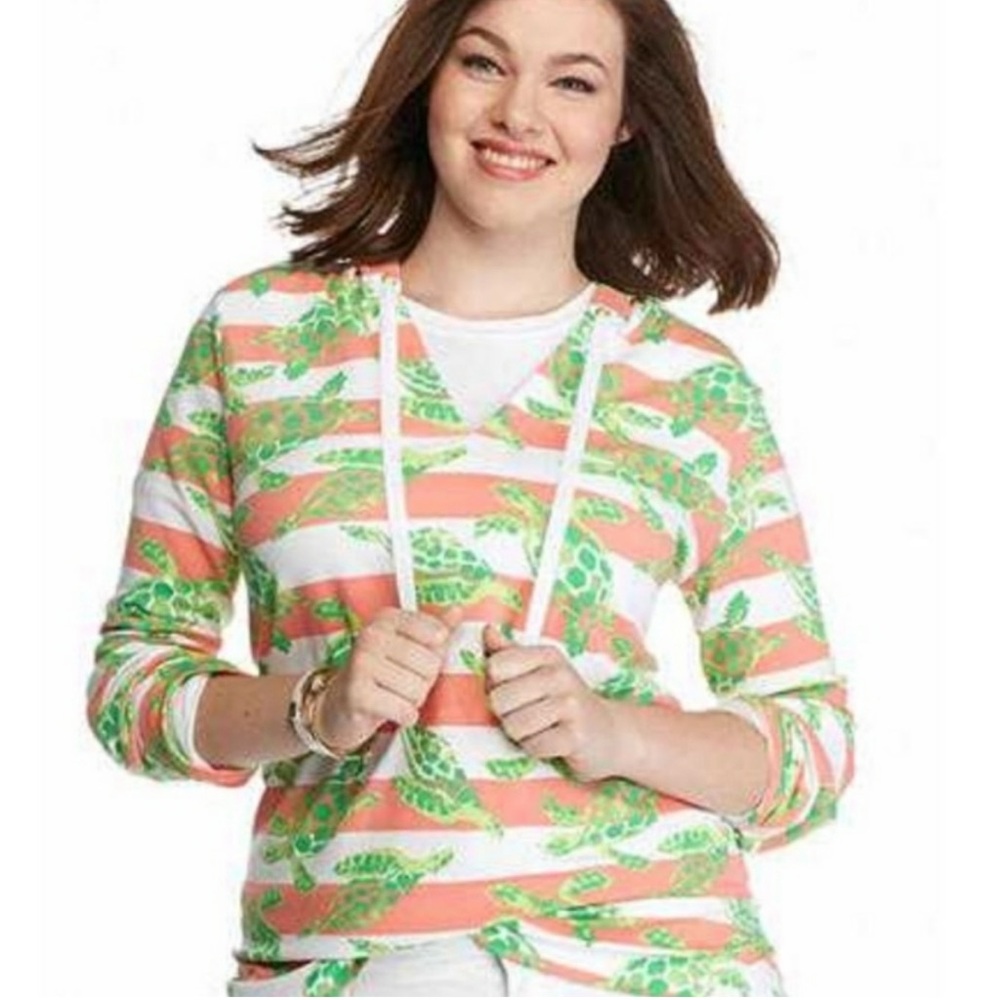 Crown & Ivy Beach Coral White Striped Turtle Hoodie Sweatshirt size XL